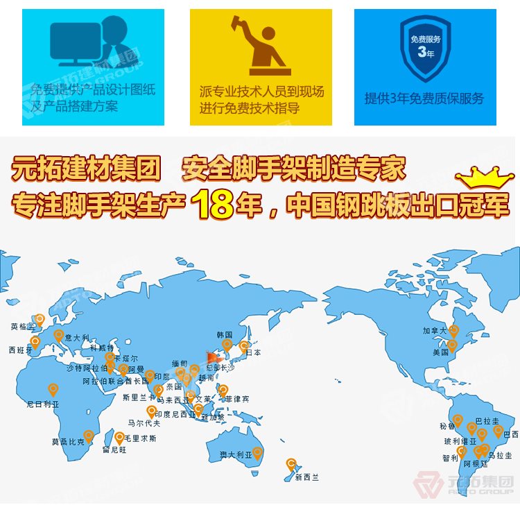 元拓建材集團，安全腳手架制造專家！專注腳手架生產(chǎn)18年，中國鋼跳板出口冠軍！
